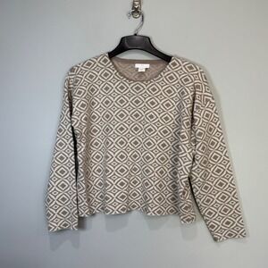 H Halston Womens XL‎ Tan Cream Geometric Diamond Crew Neck Long Sleeve Sweater